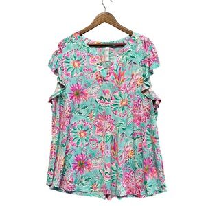 Dear Scarlett Womens Top Size 3X Cap Sleeve Split Neck Feminine Tropical Floral